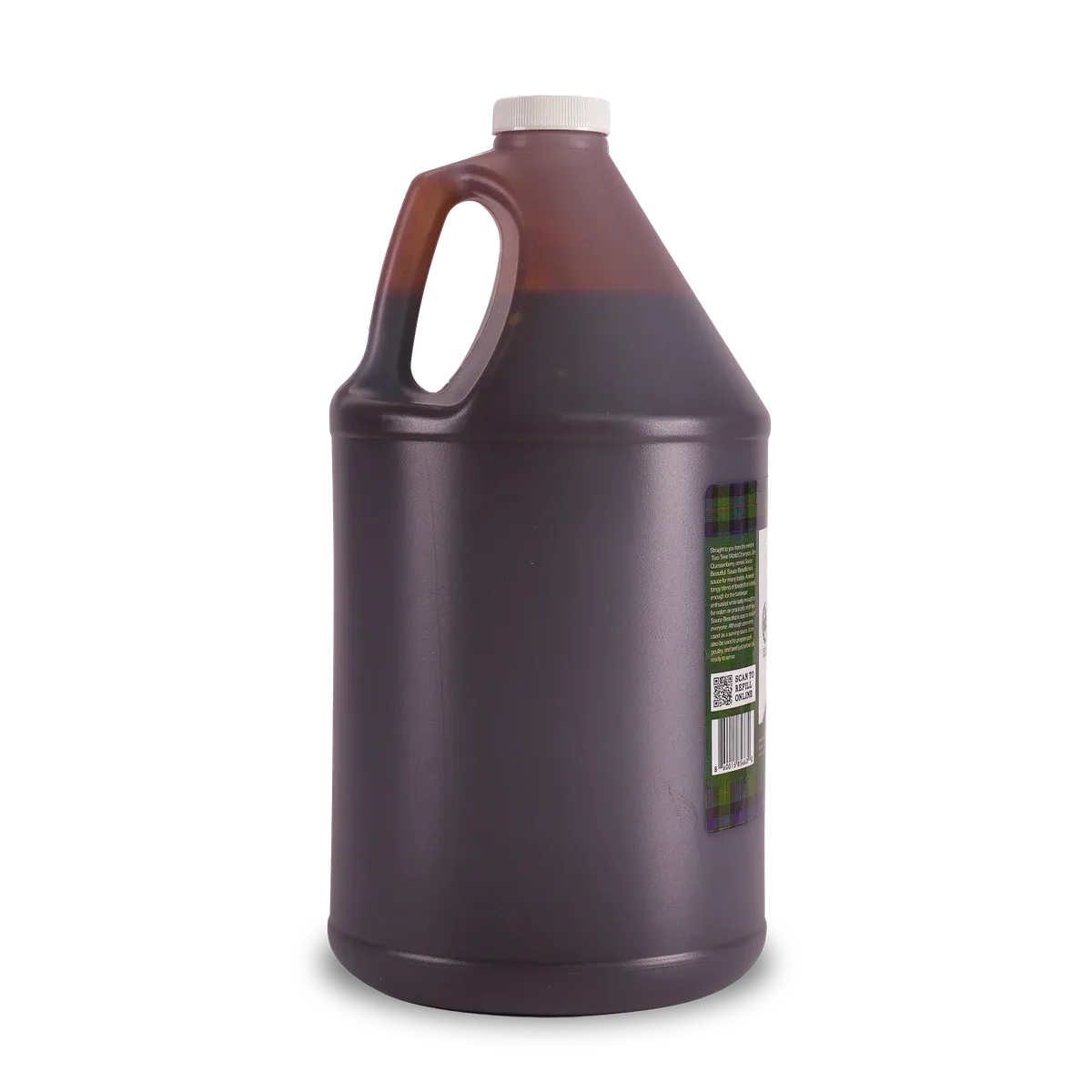 Sauce Beautiful Original gallon jug, side view with back label, QR code and UPC barcode