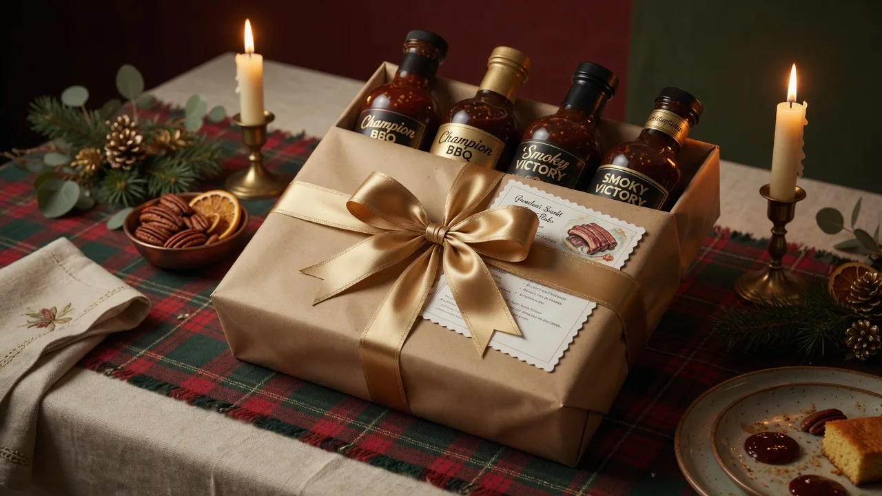 Gift-wrapped BBQ sauce bottles with ribbon on a holiday table
