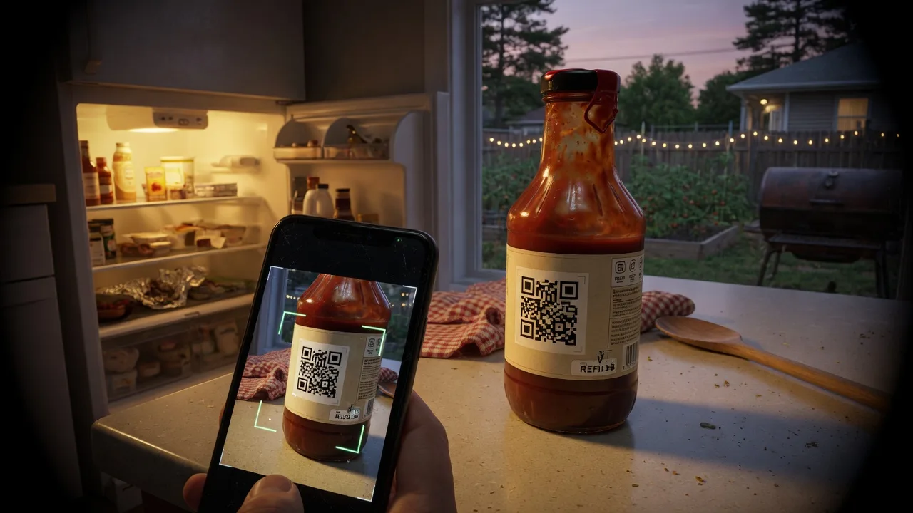 Hand scanning a QR code on a championship BBQ sauce bottle label in a home kitchen