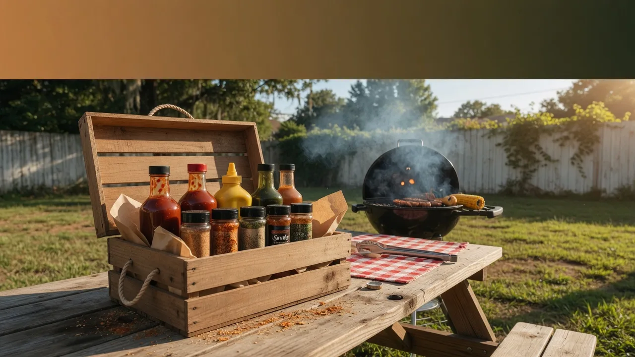Starter sampler crate of BBQ sauces and rubs on a sunny picnic table