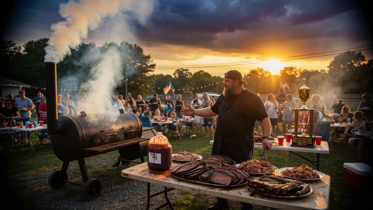 Large backyard cookout with offset smoker, gallon sauce jug, and crowd-scale spread
