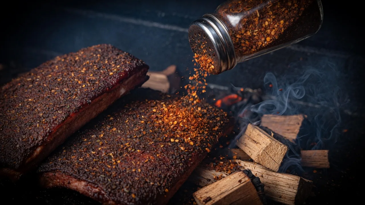 Dry rub crust on smoked ribs with spice shakers and hickory wood
