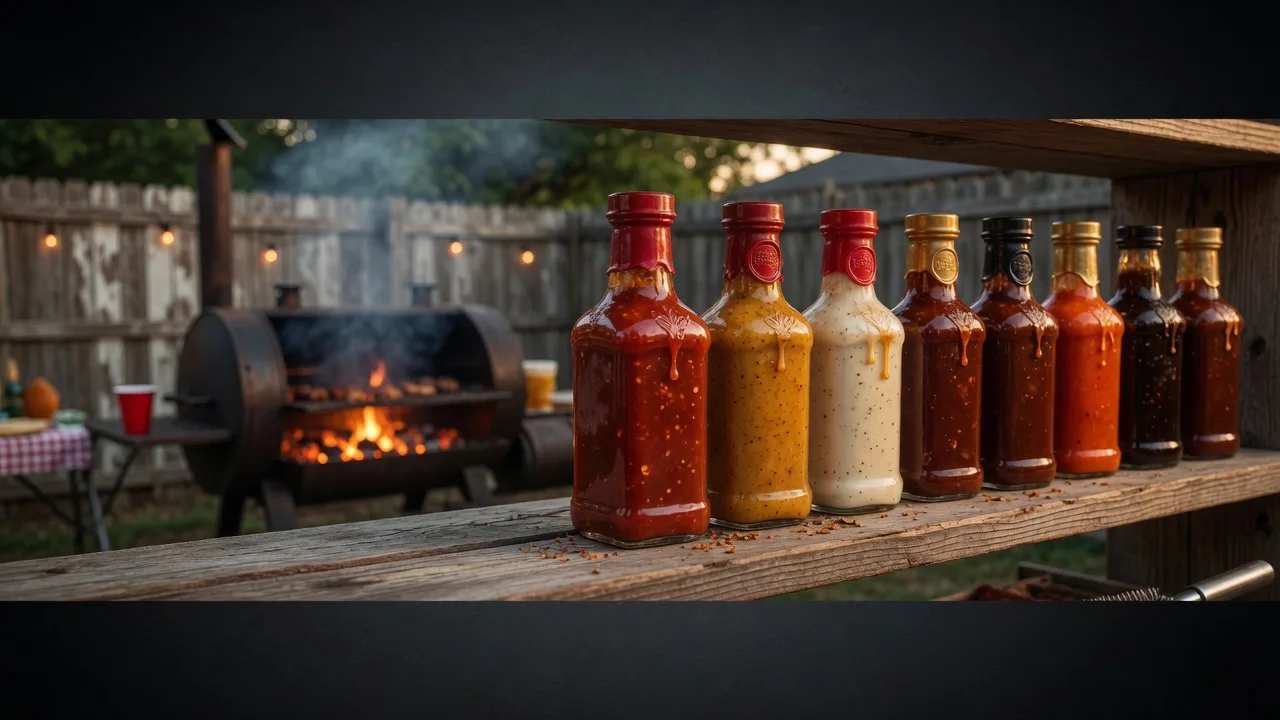 Assorted championship BBQ sauce bottles lined up on a rustic wooden shelf