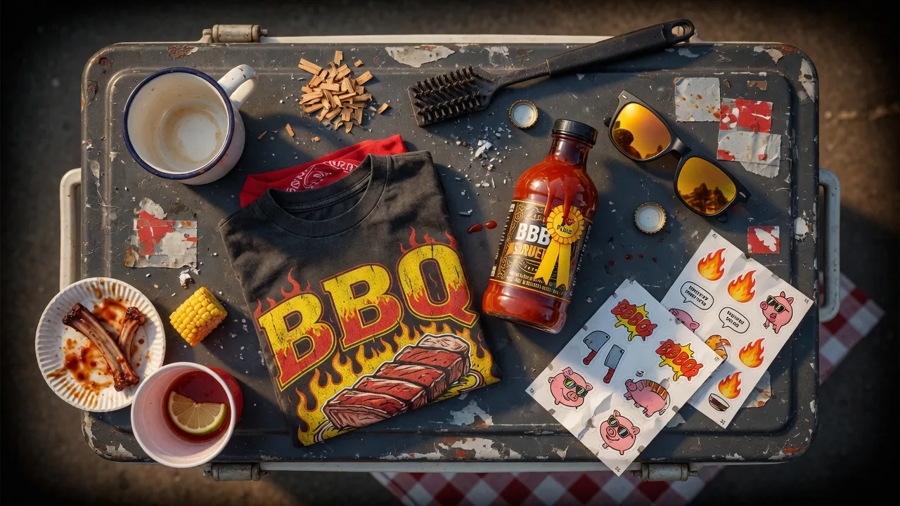 BBQ sauce bottle with Jim Q style merch — tee, stickers, and mug on a cooler