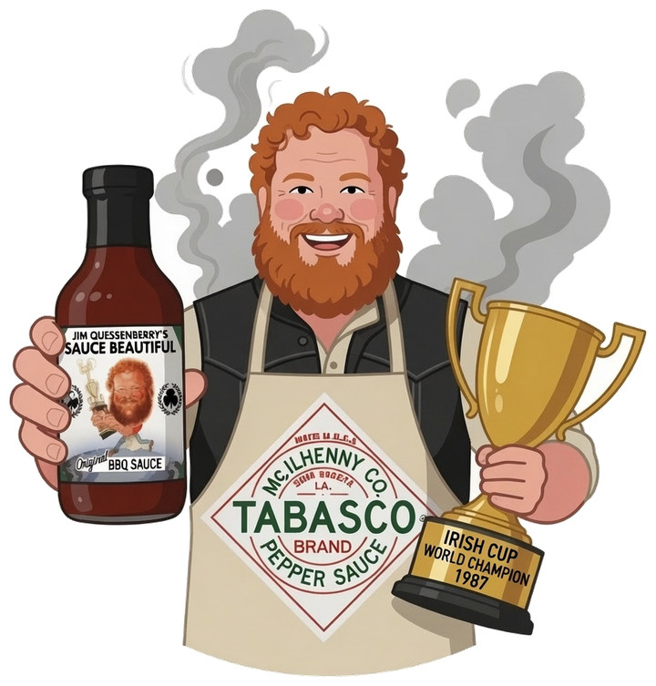 Jim Quessenberry holding Sauce Beautiful and the 1987 Irish Cup World Champion trophy